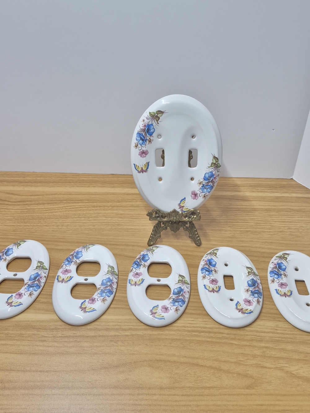 Vintage Oval Porcelain Light Switch & Outlet Covers 6Pc Set Floral Butterfly